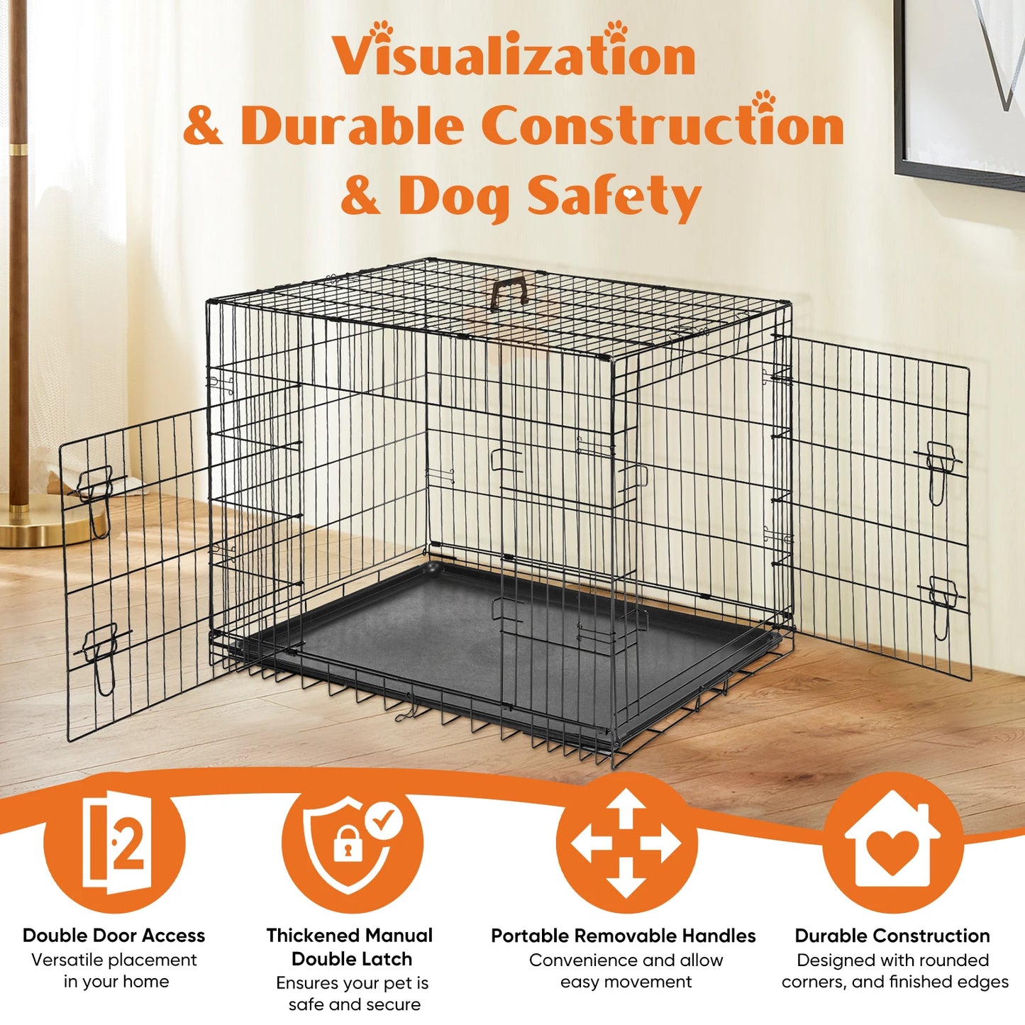 JHK Double Door Folding Metal Wire Dog Cage Large Kennel