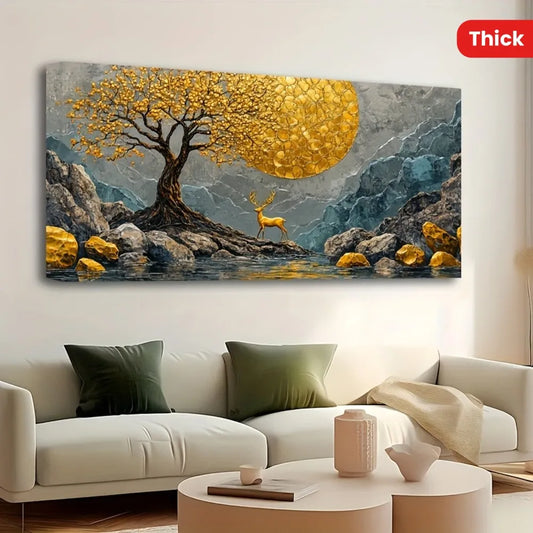 Pine Solid Wood Frame Abstract Yellow Tree Deer Painting