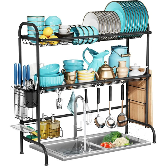 Stainless Steel 2 Tier Over The Sink Dish Drainer Drying Rack with Utensil Holder Large Dish Organizer for Kitchen Counter
