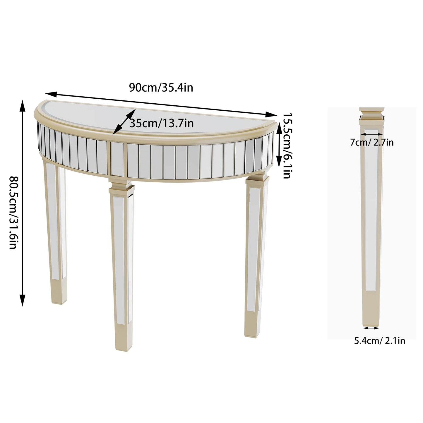 Ornate Mirrored Half Moon Console Table Living Room Silver Hallway Makeup Vanity Table Demi Lune Furniture