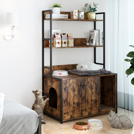 Wooden Hidden Cat Litter Box Enclosure With Shelves Doors