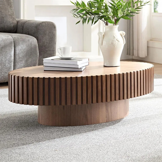 Oval Drum Coffee Table Handcrafted Wooden Olive-Shaped Walnut