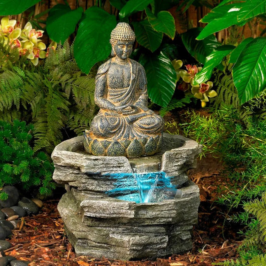 Sitting Buddha Zen Outdoor Water Fountain 21 Inch LED Light