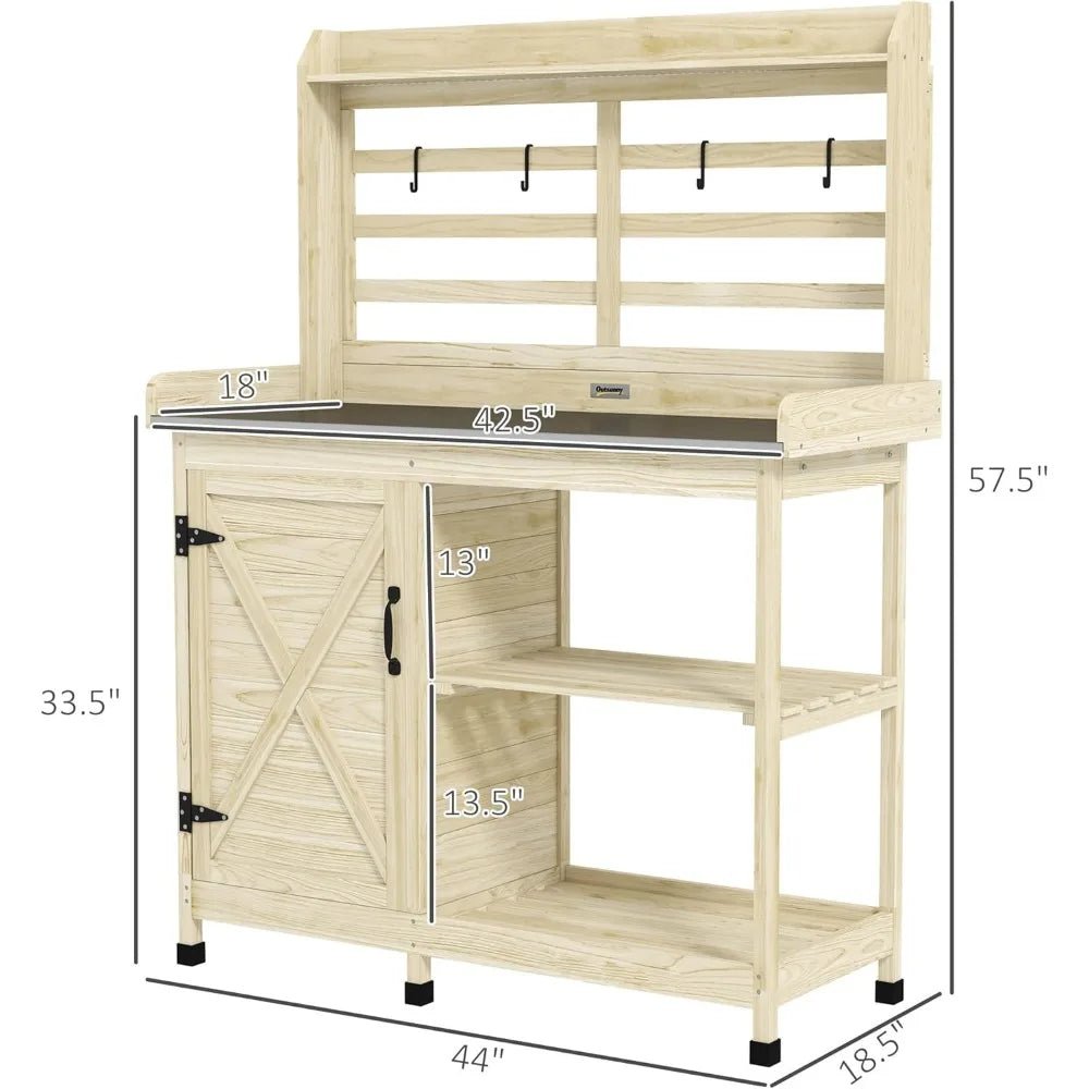 Outdoor Wooden Potting Bench Garden Workstation With Cabinet