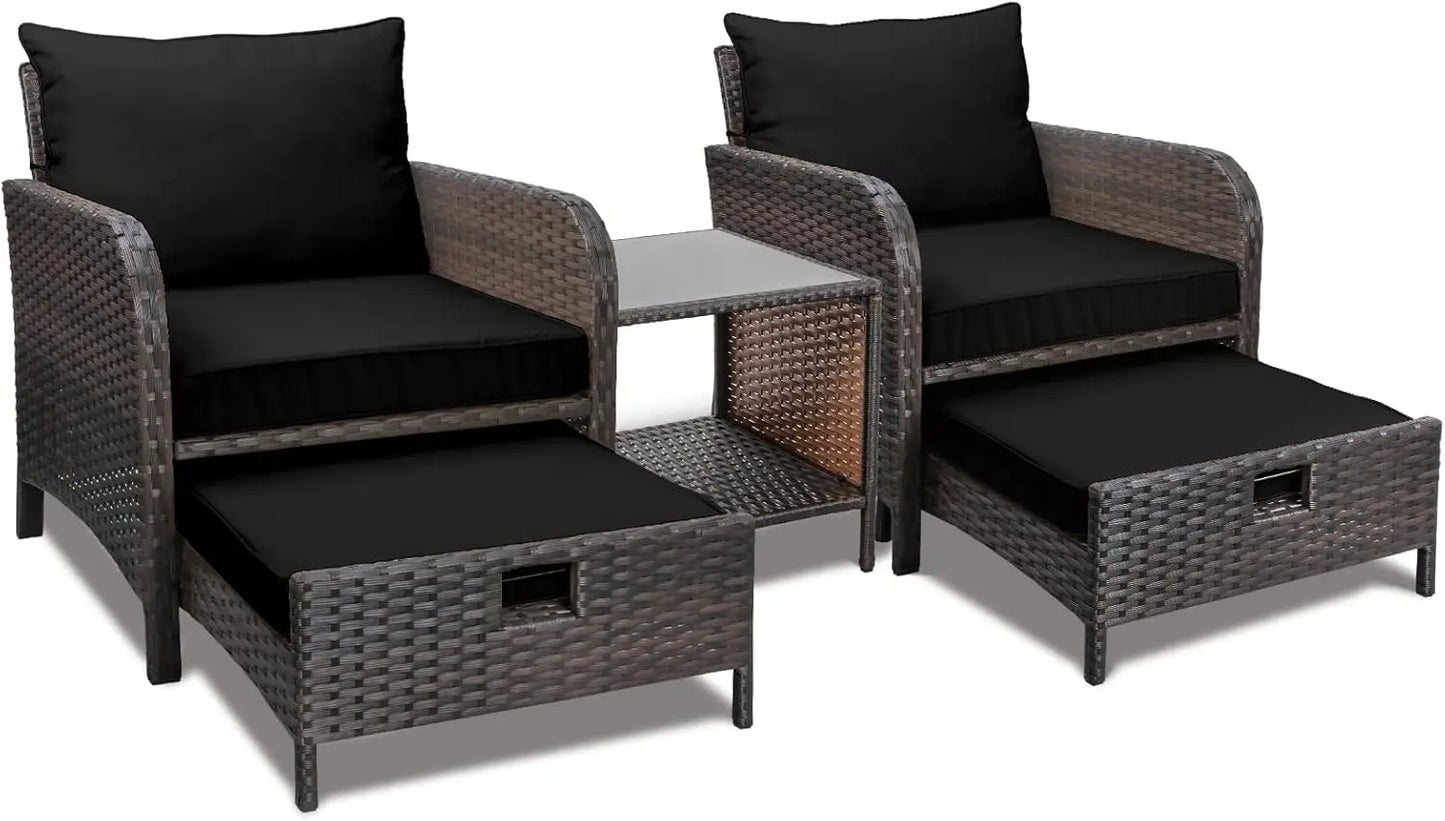 Balcony Furniture 5 Piece Patio Conversation Set PE Wicker Rattan Outdoor Lounge Chairs with Soft Cushions and 2 Ottomans