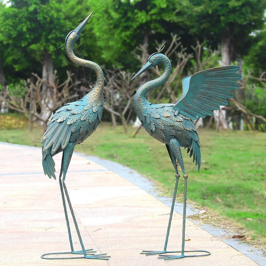 33-37 Inch Metal Crane Garden Sculpture Decoration Set