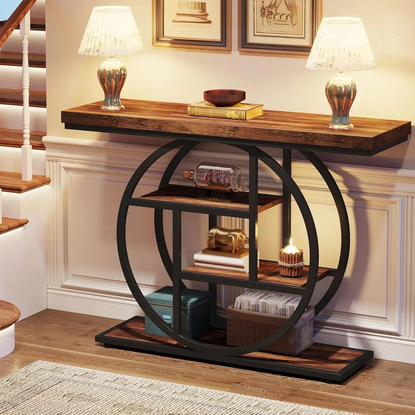 41.3 Inch Console Table 4 Tier Circle Base Rustic Brown