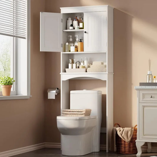 Over Toilet Storage Cabinet with Adjustable Shelf and Double Doors Bathroom Space Saver Organizer