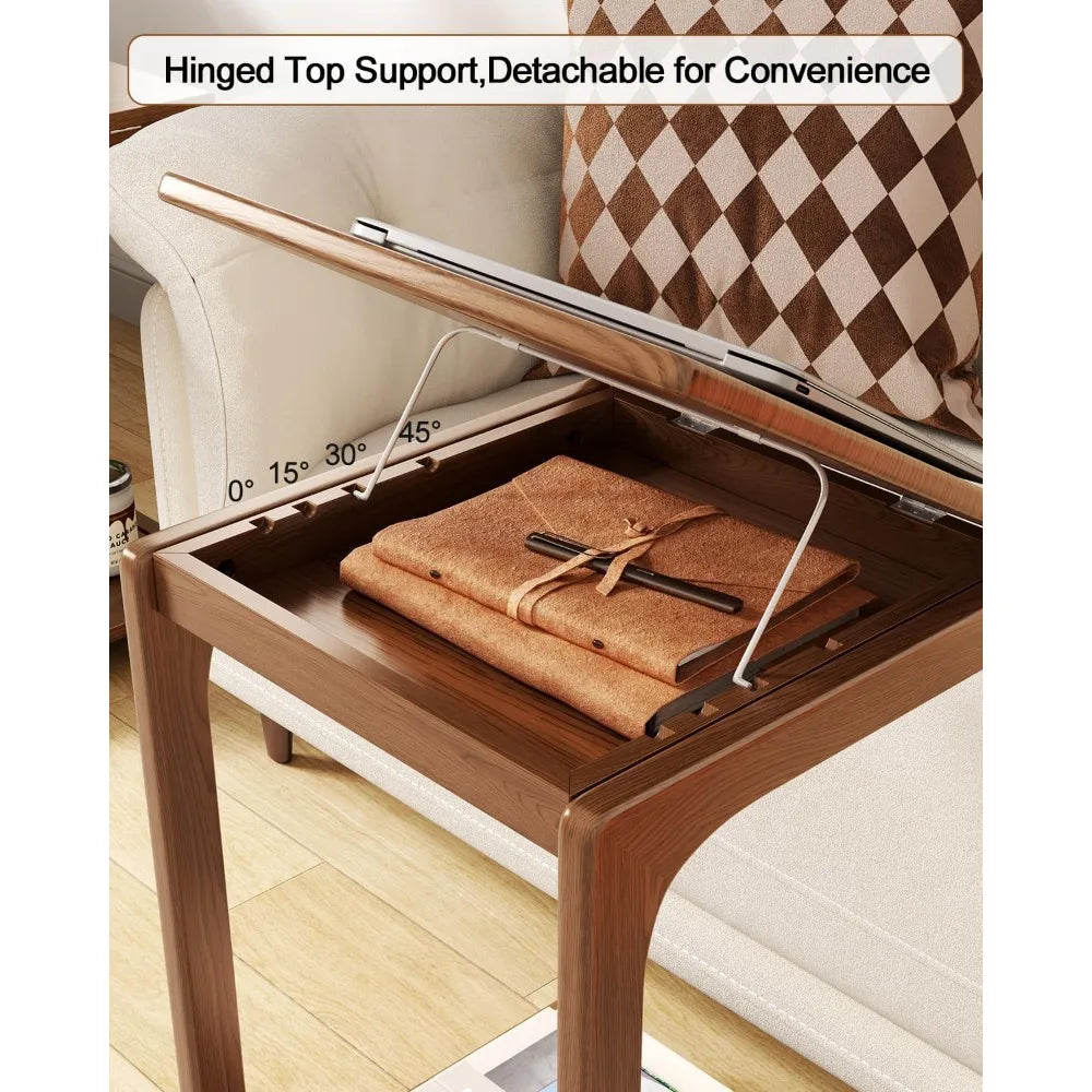 C Shaped Couch Side Table With 2 Lockable Wheels Design
