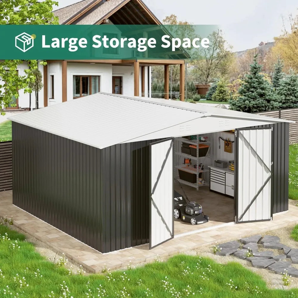 12x14 FT Outdoor Storage Shed, Garden Shed with Updated Frame Structure and Lockable Doors, Metal Tool Sheds , White