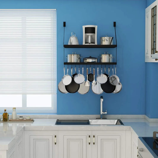 Square Grid Wall Mount Pot Rack with 2-Tier 15 Hooks