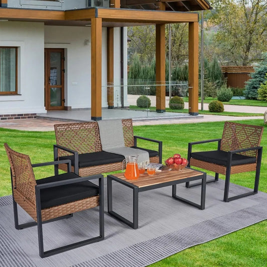 4 Piece Outdoor Courtyard Furniture Set With Acacia Wood Tabletop And PE Chairs