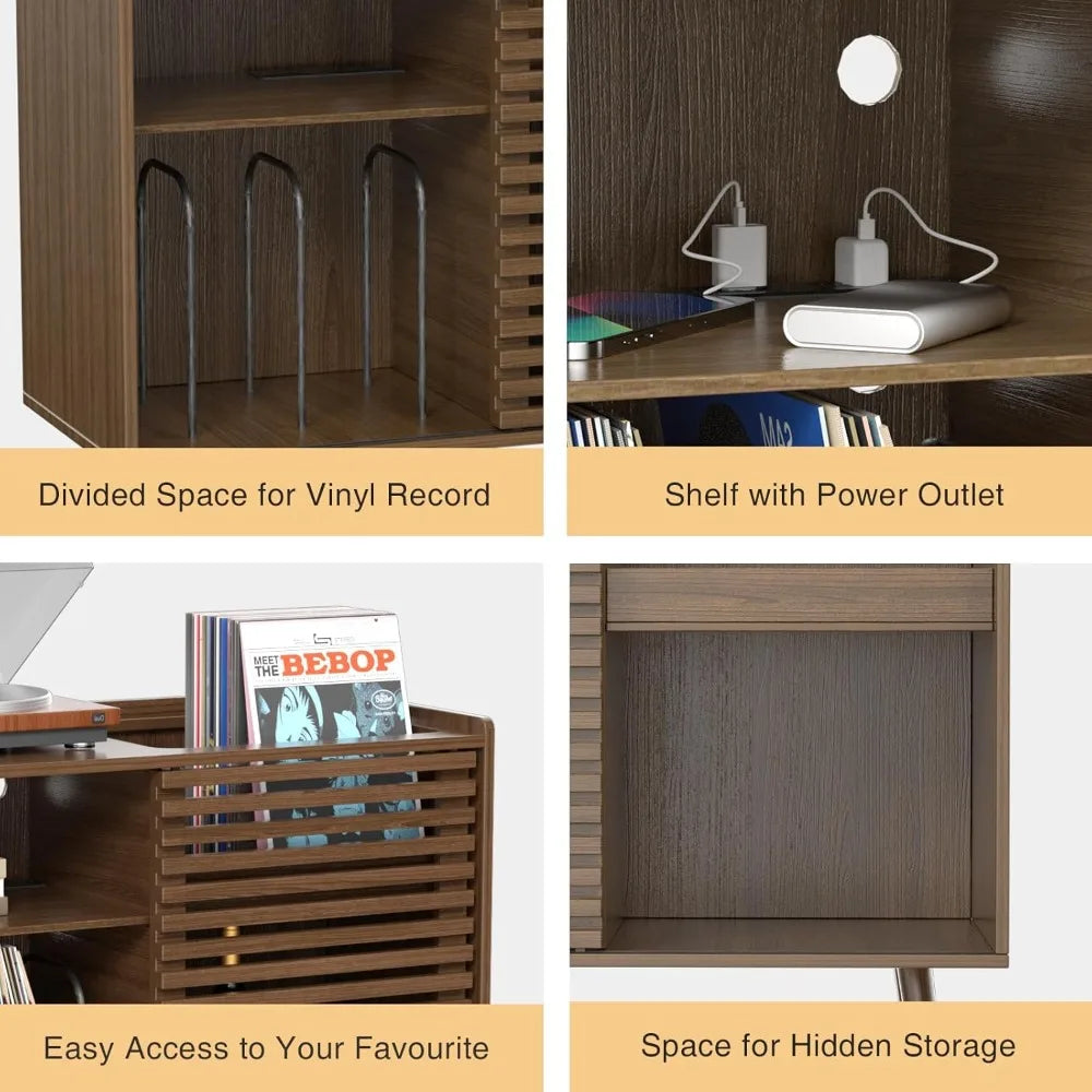 Mid Century Modern Record Player Stand With Power Outlet