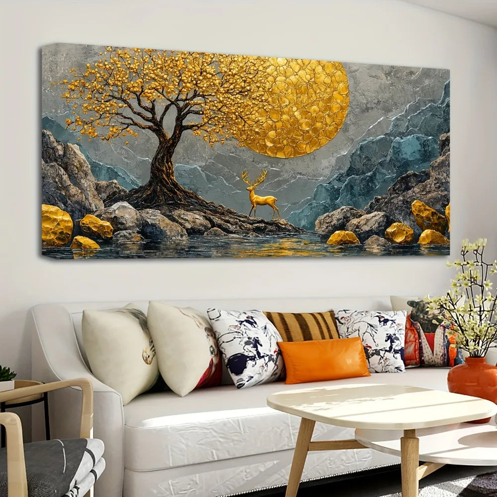 Pine Solid Wood Frame Abstract Yellow Tree Deer Painting