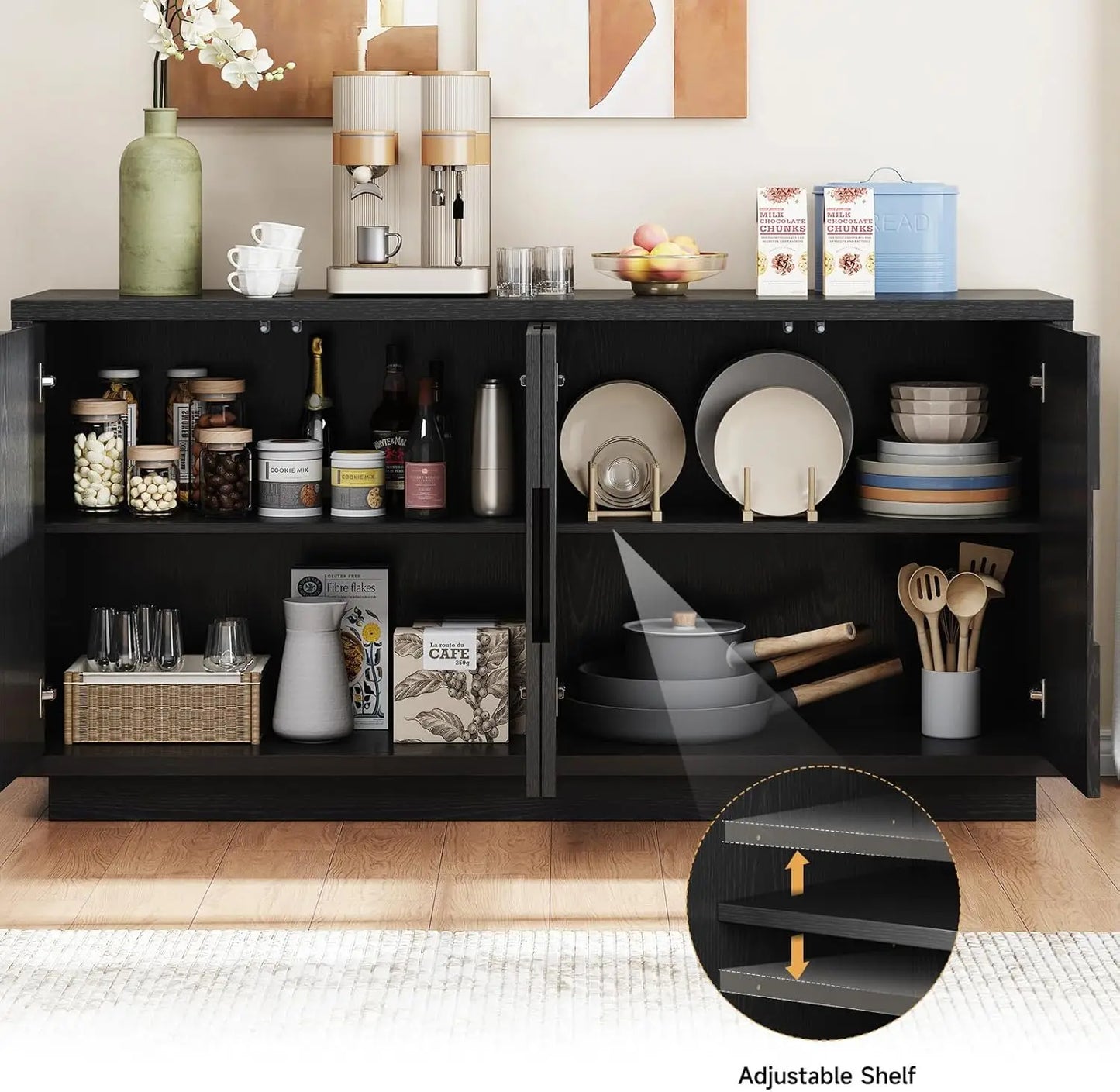 60 Inch Mid Century Farmhouse Sideboard Cabinet With Storage