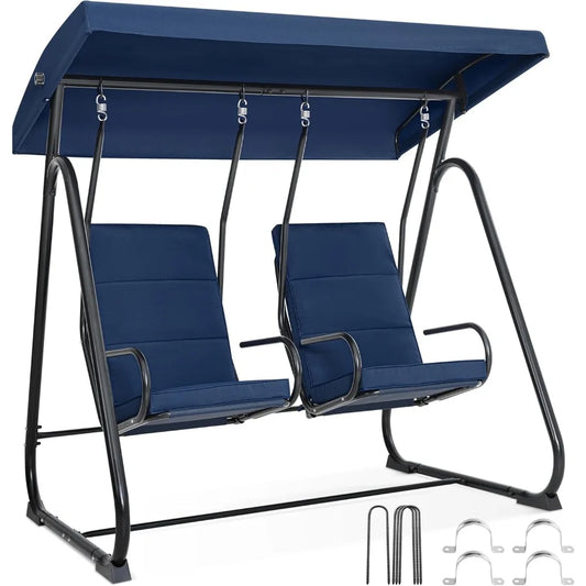 Two Person Porch Swing Chair High Back Dark Blue Garden