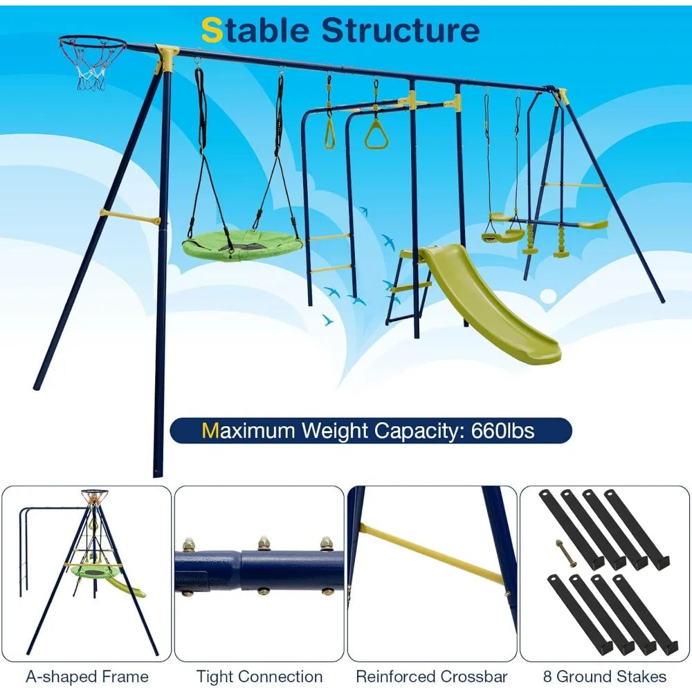 7-in-1 Swing Set w/ 2 Swings, Slide, Glider, Gym Rings