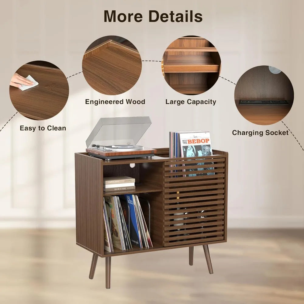 Mid Century Modern Record Player Stand With Power Outlet