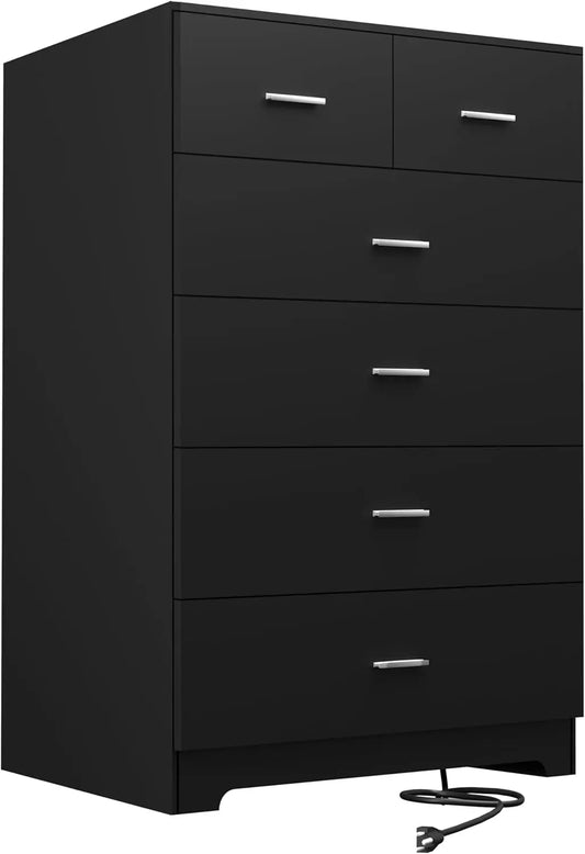 Dresser with Power Outlets Wooden 6 Drawer Dresser Black