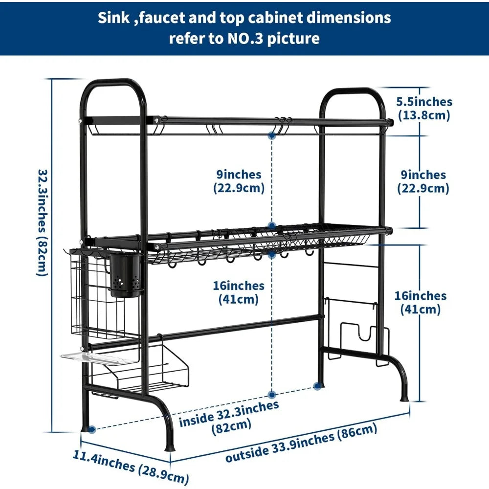 Stainless Steel 2 Tier Over The Sink Dish Drainer Drying Rack with Utensil Holder Large Dish Organizer for Kitchen Counter