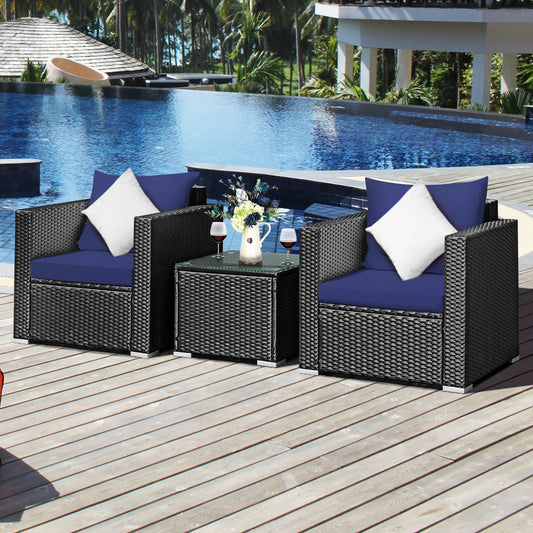 3PCS Patio Rattan Wicker Furniture Set Sofa Table W Cushion Navy