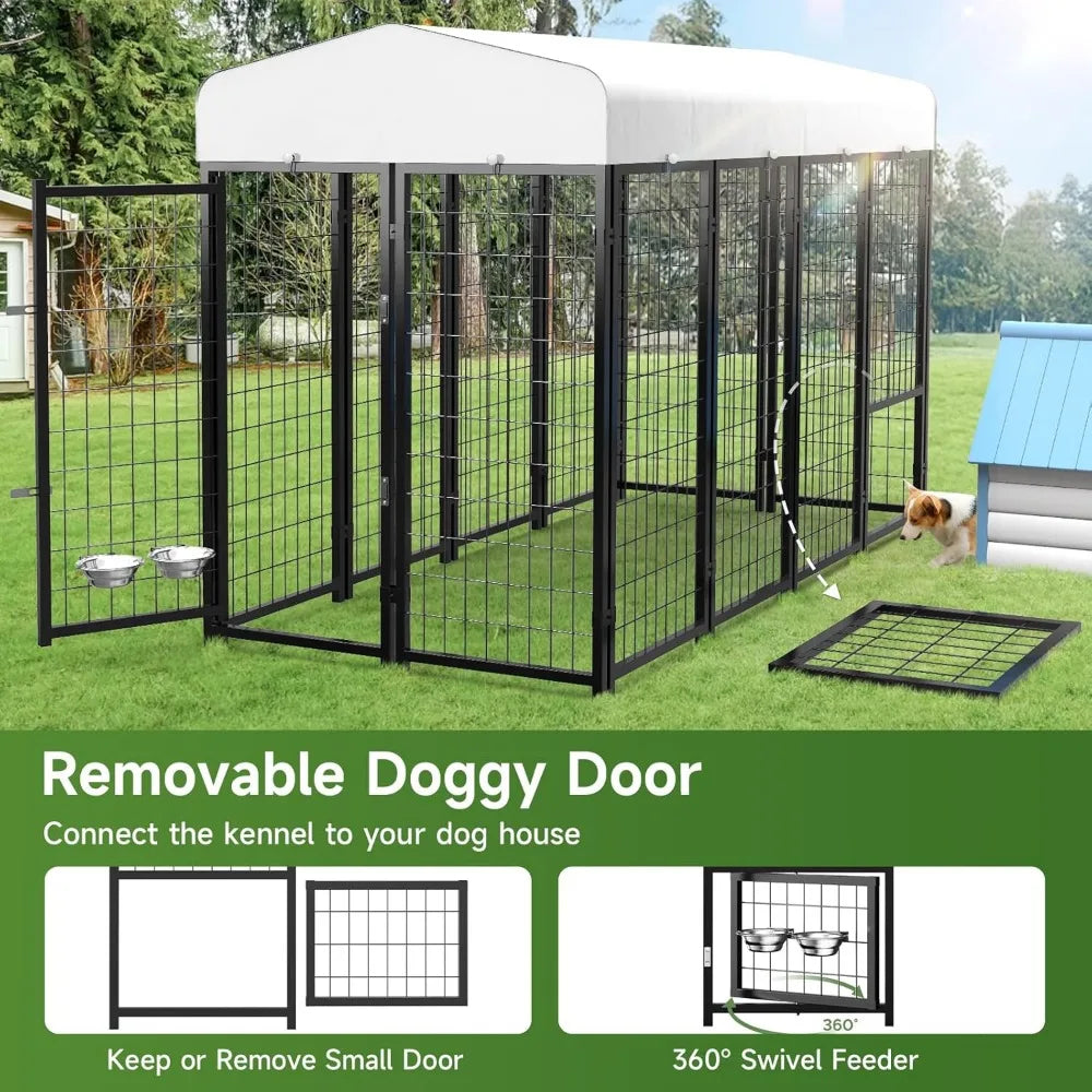 2PCS Outdoor Dog Kennel Outside Run with Doggy Door Roof