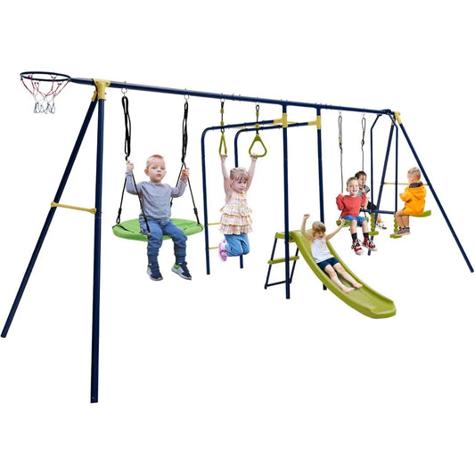7-in-1 Swing Set w/ 2 Swings, Slide, Glider, Gym Rings