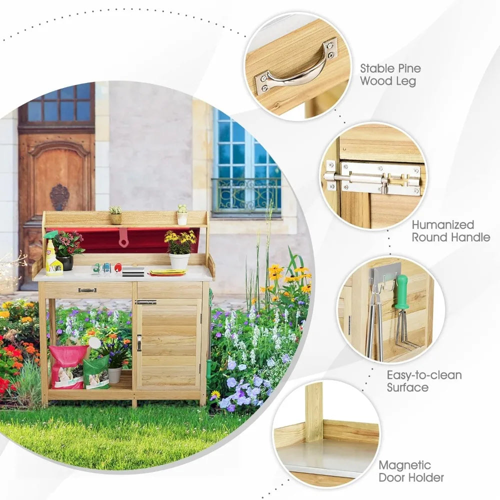 Outdoor Potting Bench Work Station Drawer Storage Cabinet