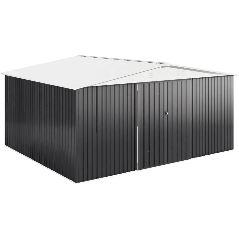 12x14 FT Outdoor Storage Shed, Garden Shed with Updated Frame Structure and Lockable Doors, Metal Tool Sheds , White