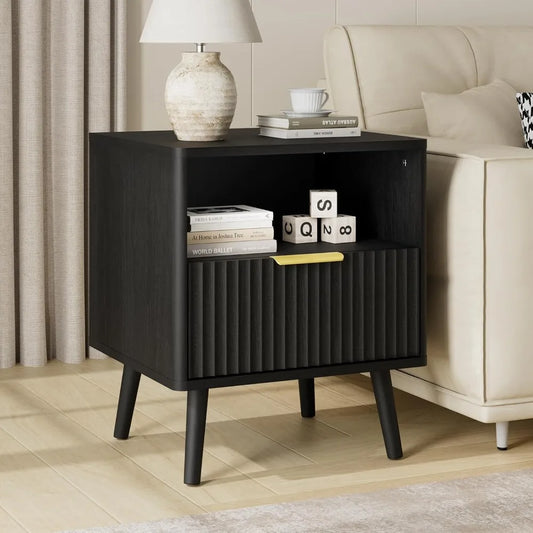 Modern Fluted Nightstand With Drawer And Open Shelves