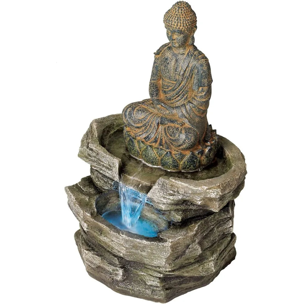 Sitting Buddha Zen Outdoor Water Fountain 21 Inch LED Light