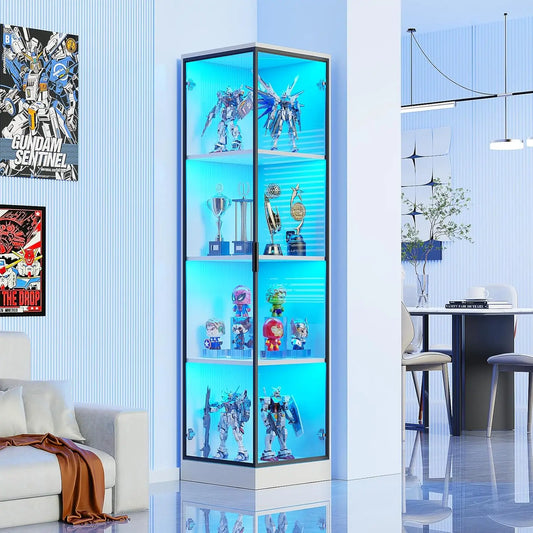 White Corner Display Cabinet 4 Tier Shelf 3 Color Light
