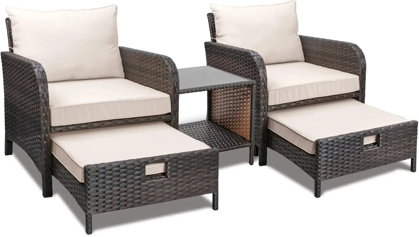 Balcony Furniture 5 Piece Patio Conversation Set PE Wicker Rattan Outdoor Lounge Chairs with Soft Cushions and 2 Ottomans