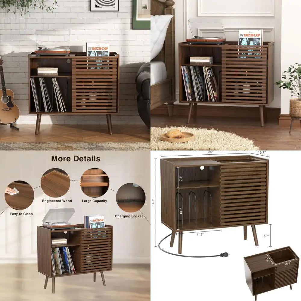 Mid Century Modern Record Player Stand With Power Outlet
