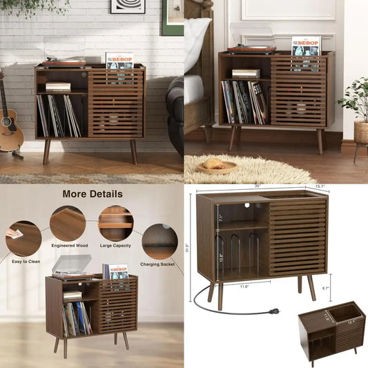 Mid Century Modern Record Player Stand With Power Outlet