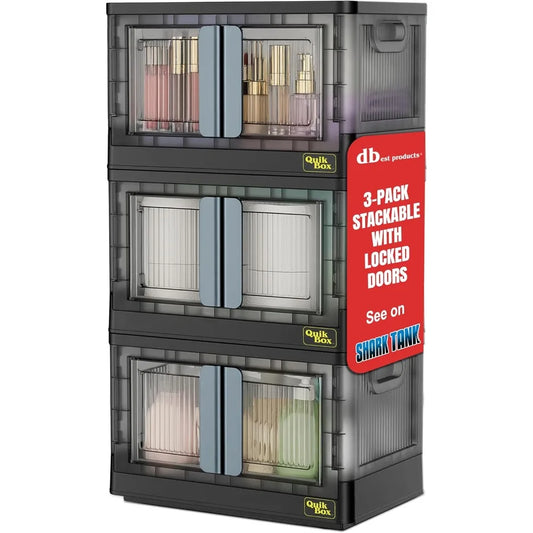 Stackable 8.5 Gallon Collapsible Storage Bins With Doors And Wheels 3 Pack Noir