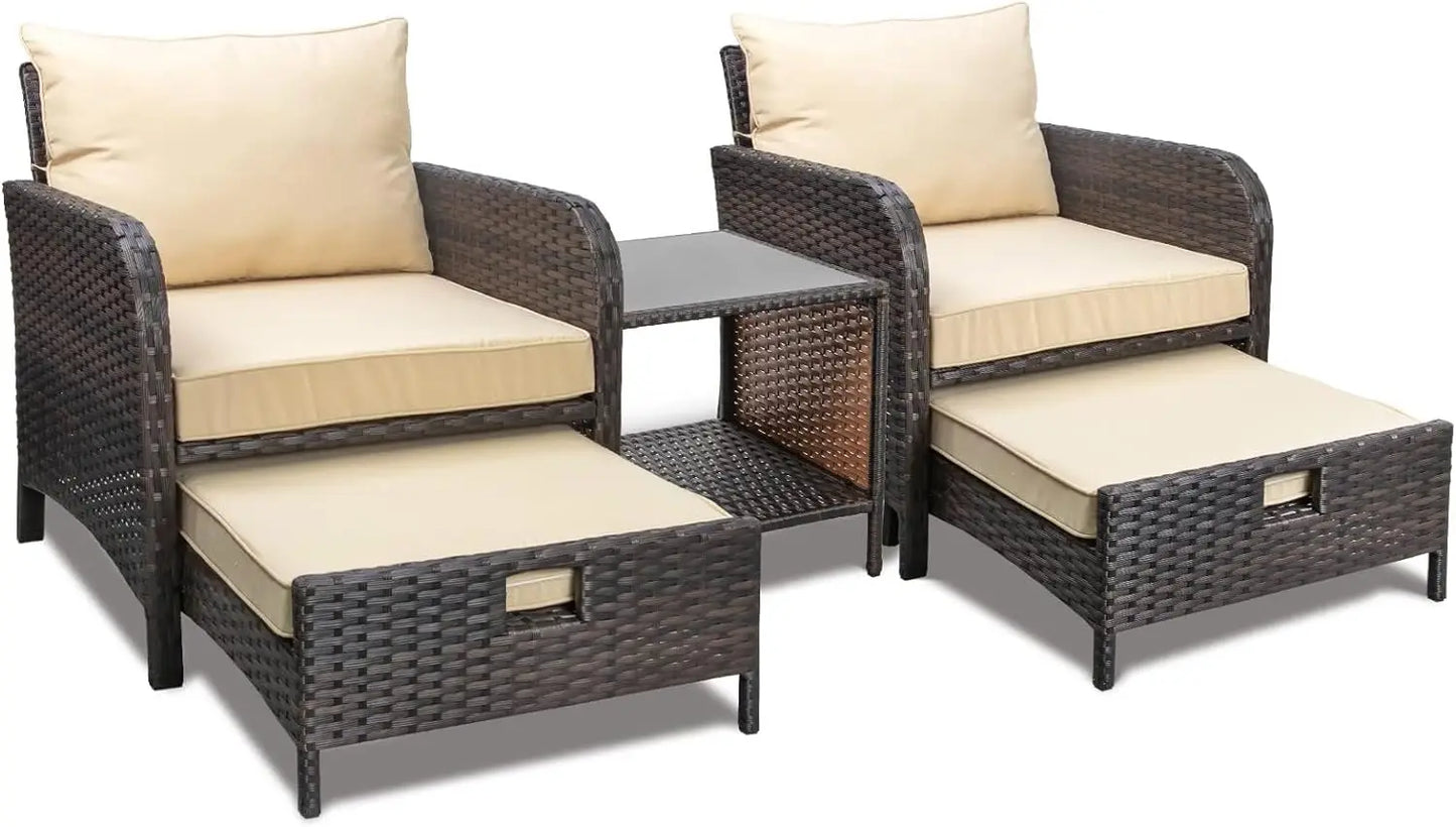 Balcony Furniture 5 Piece Patio Conversation Set PE Wicker Rattan Outdoor Lounge Chairs with Soft Cushions and 2 Ottomans
