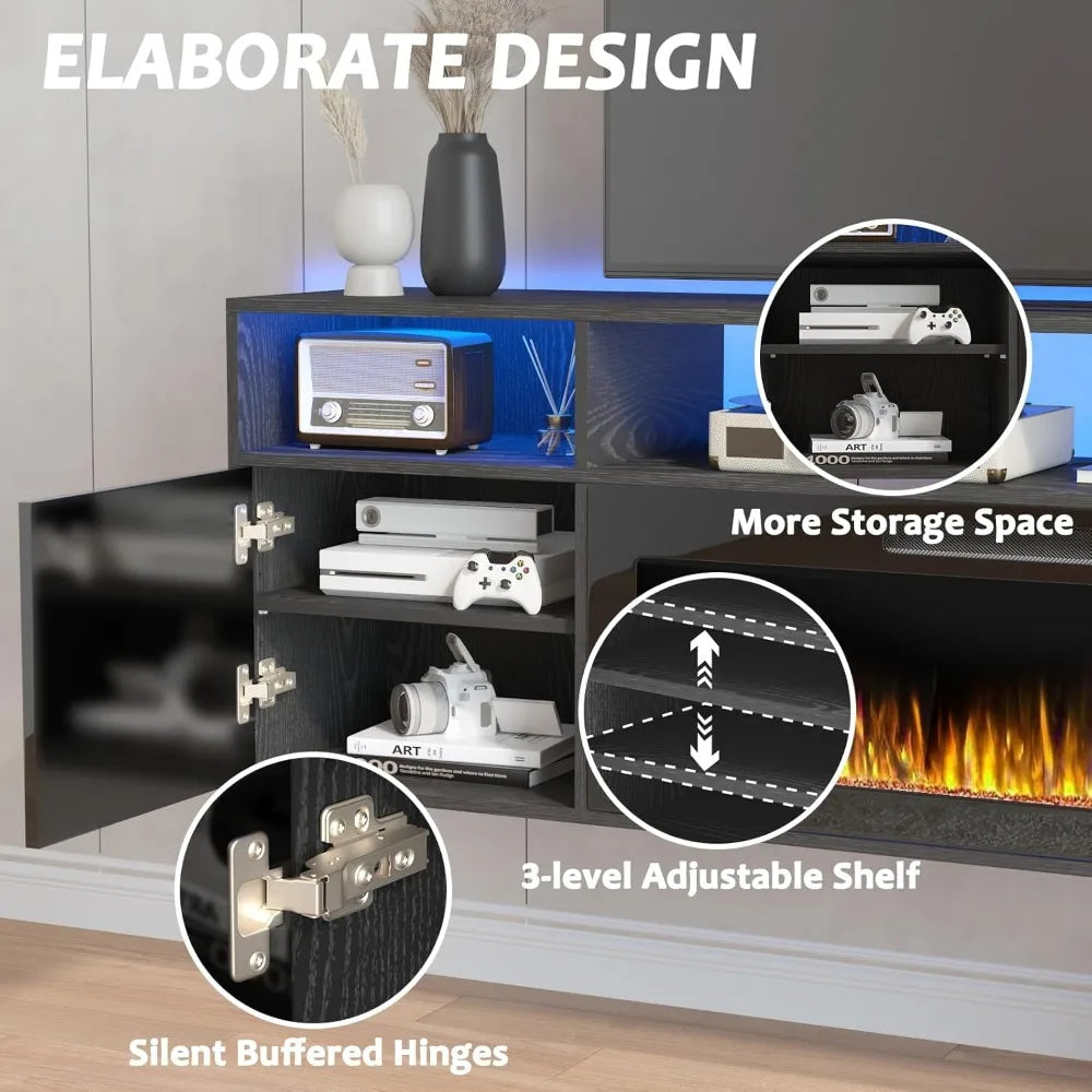 Floating Fireplace TV Stand with LED Lights Modern 70 Inch