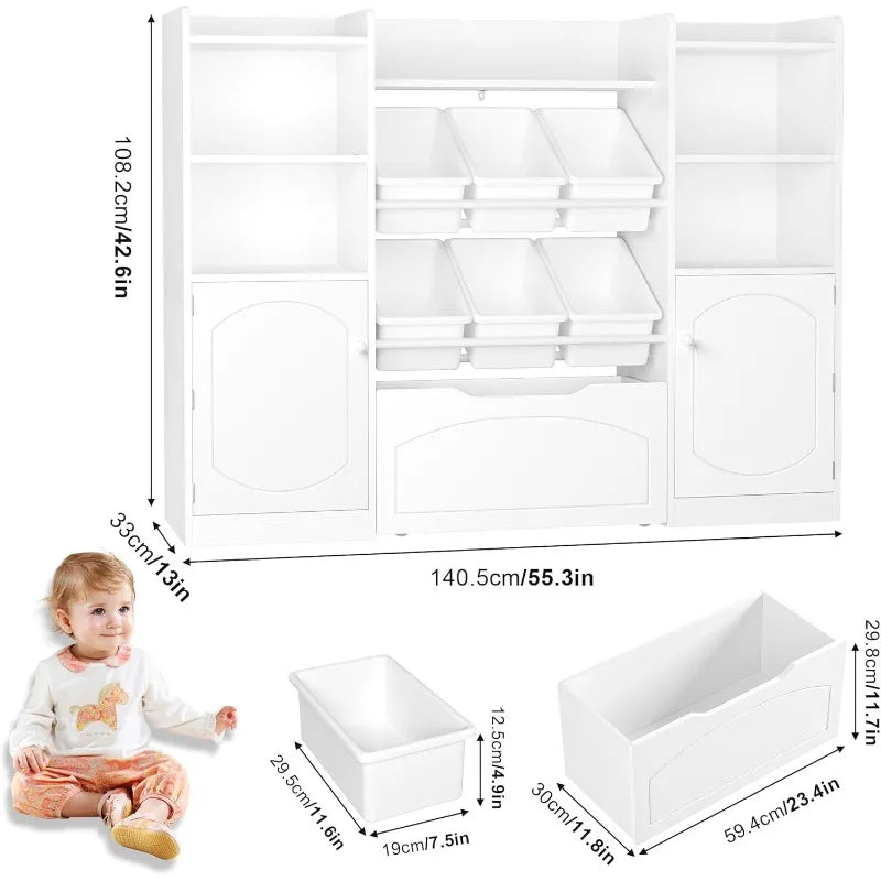 55” Toy Storage Organizer, 5-in-1 Kids Bookshelf with Movable Drawer and Book Shelves Behind The Doors, Toy Organizer