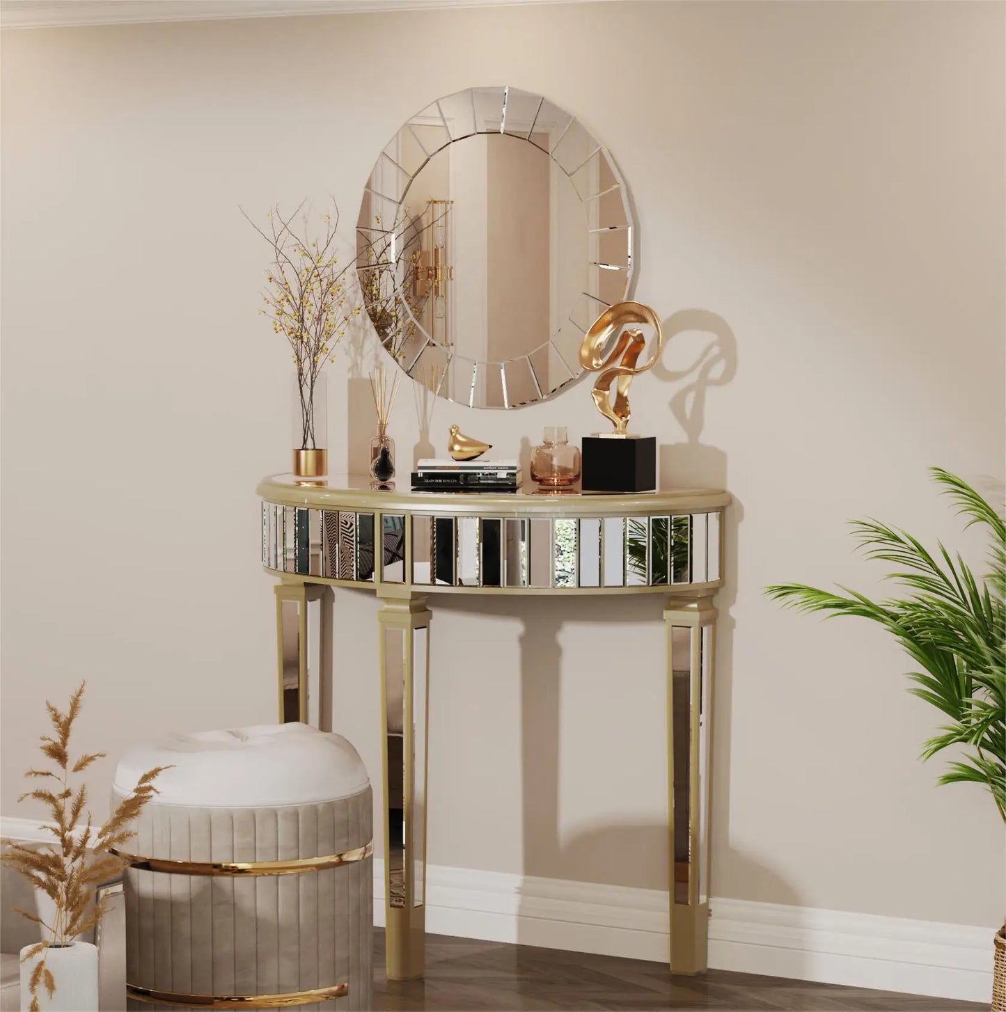 Ornate Mirrored Half Moon Console Table Living Room Silver Hallway Makeup Vanity Table Demi Lune Furniture