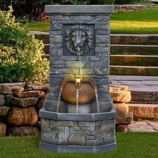 Outdoor Lion Head Stone Water Fountain With Lights Patio