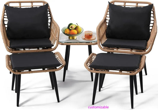 5 Piece Wicker Bistro Patio Set 2 Chairs 2 Ottomans Natural