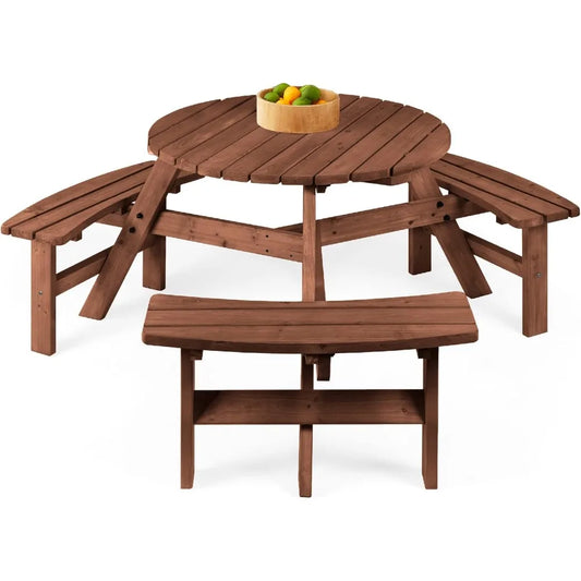 6-Person Circular Outdoor Wooden Picnic Table for Patio