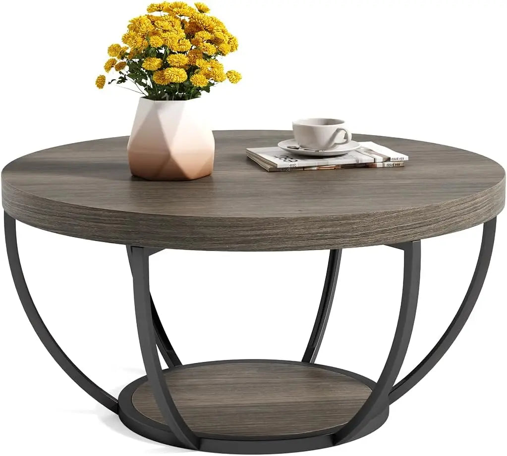 32 Inch Circle Faux Marble Coffee Table With Gold Legs