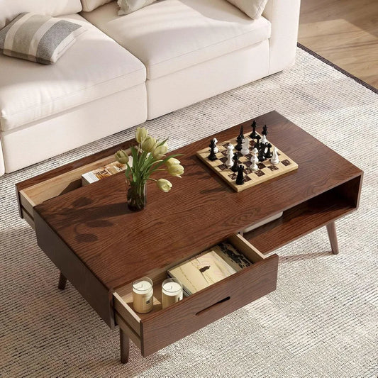 100% Solid Wood Coffee Table with Storage Space 39.37 Inch Wide Coffee Table with 2 Drawers