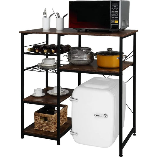 Kitchen Bakers Rack With Mini Fridge Space And Wine Rack