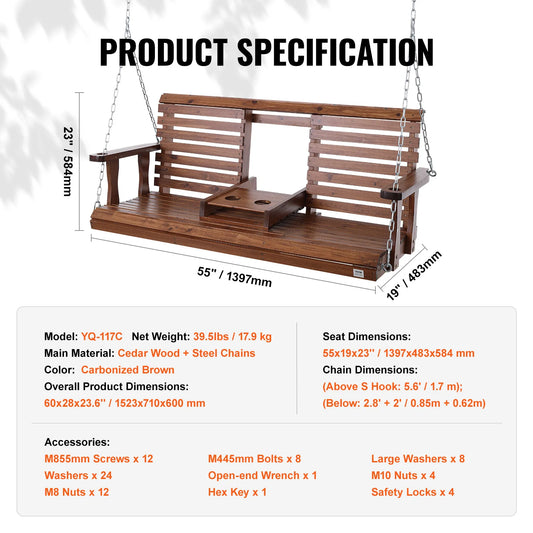 SucceBuy Cedar Wood Porch Swing 5 Ft Patio Bench 880 Lbs