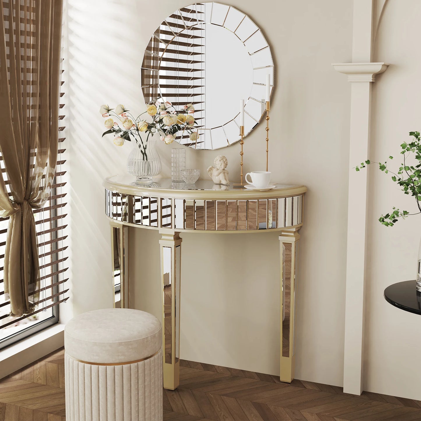 Ornate Mirrored Half Moon Console Table Living Room Silver Hallway Makeup Vanity Table Demi Lune Furniture