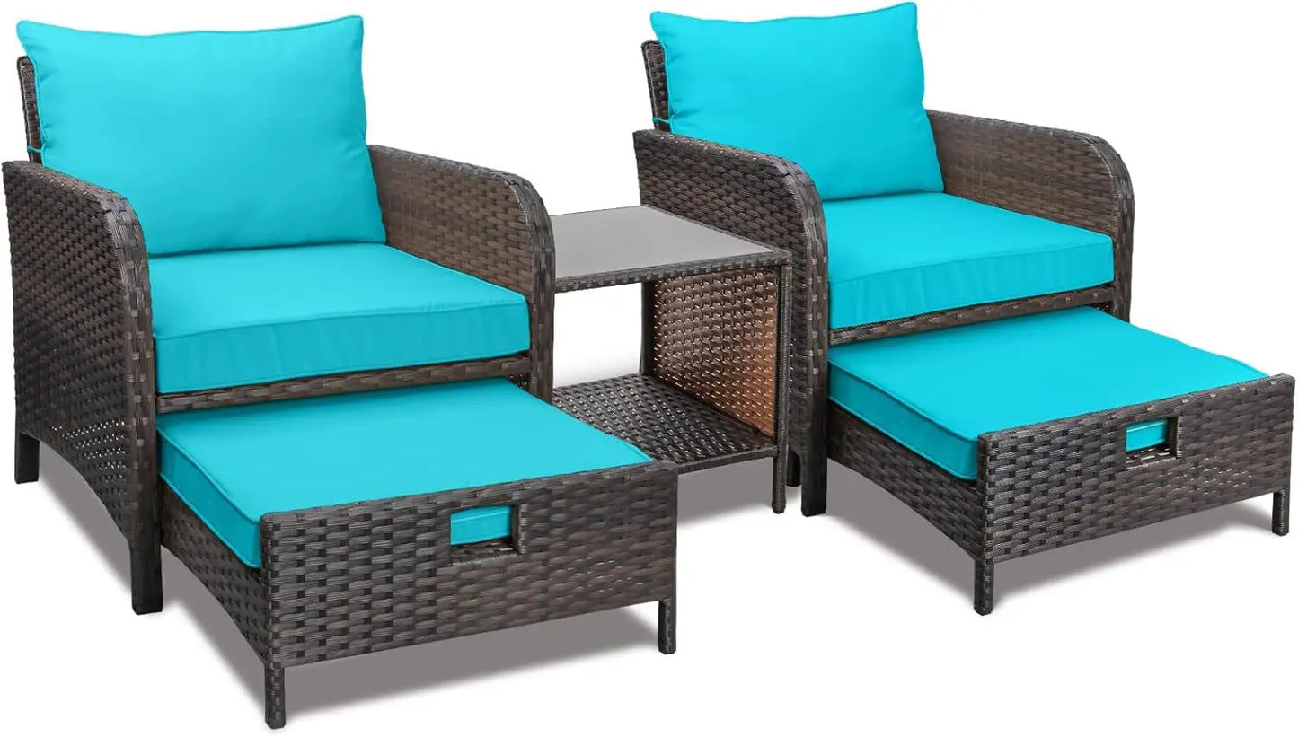 Balcony Furniture 5 Piece Patio Conversation Set PE Wicker Rattan Outdoor Lounge Chairs with Soft Cushions and 2 Ottomans