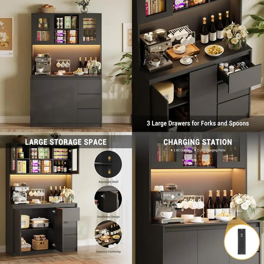 71 Inch Tall Kitchen Pantry Cabinet With LED Lights And Microwave Stand